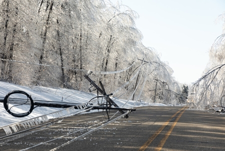 Downed power lines after an ice storm causing a winter power outage in Massachusetts.